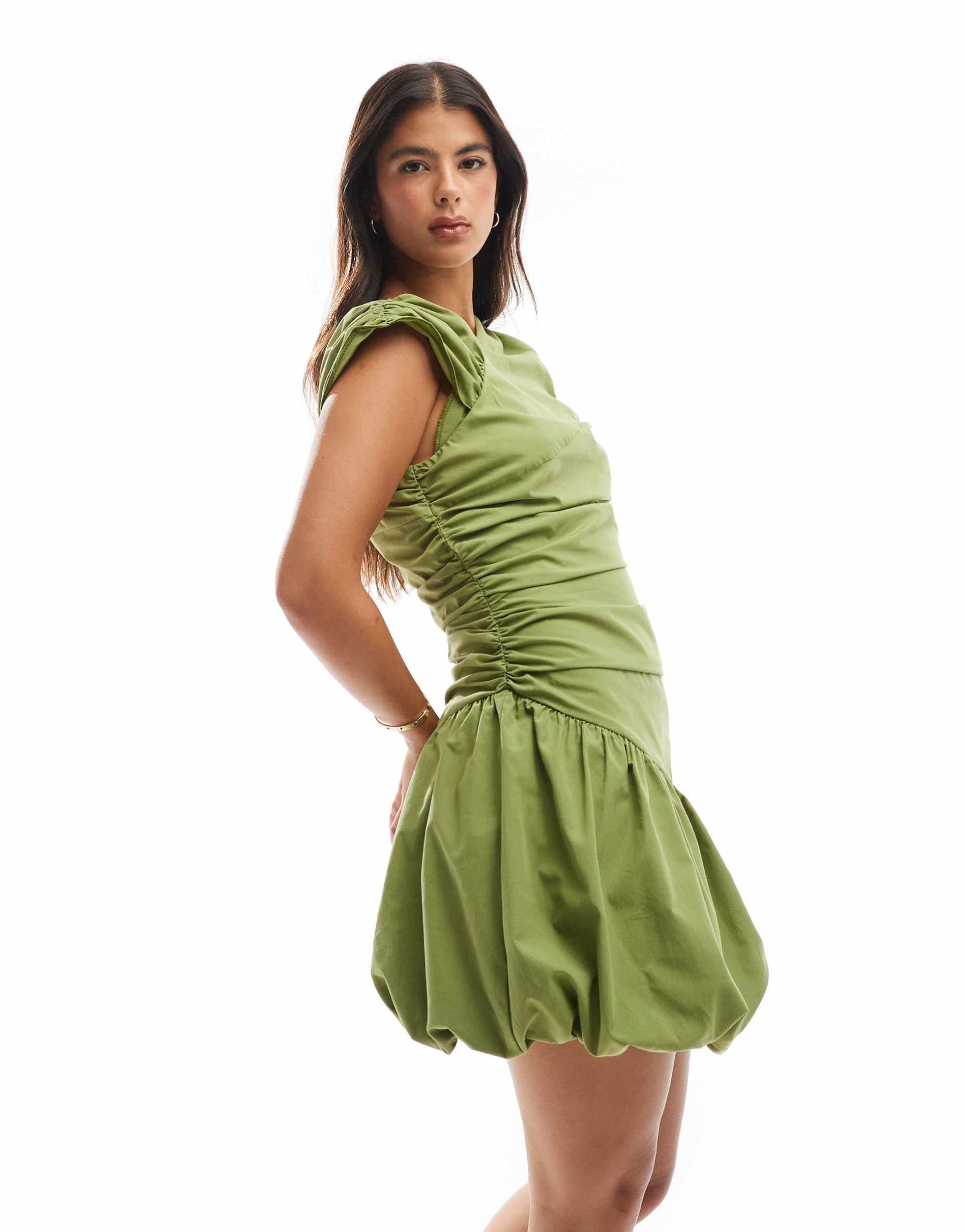 asos design asymmetric mini dress with puffball hem and sleeve in olive green