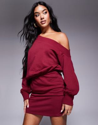 asymmetric mini sweats dress in burgundy-Red