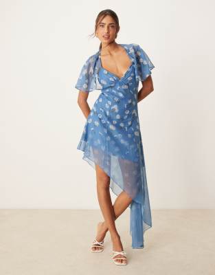 Asos Design Asymmetric Mini Tea Dress With Flutter Cape Sleeve In Multi