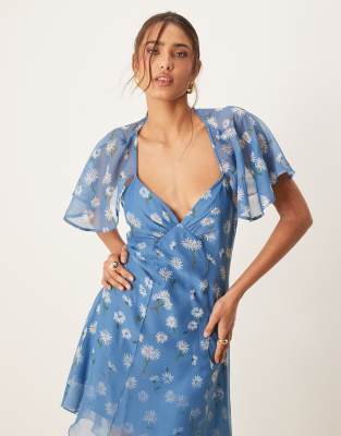 ASOS DESIGN ASYMMETRIC MINI TEA DRESS WITH FLUTTER CAPE SLEEVE 