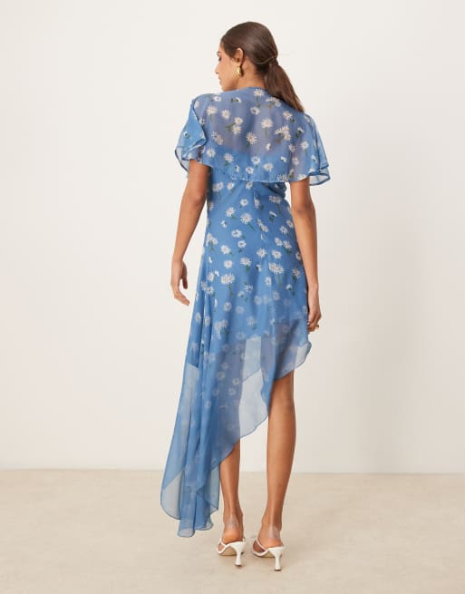 ASOS DESIGN asymmetric mini tea dress with flutter cape sleeve in blue ombre  daisy print | ASOS