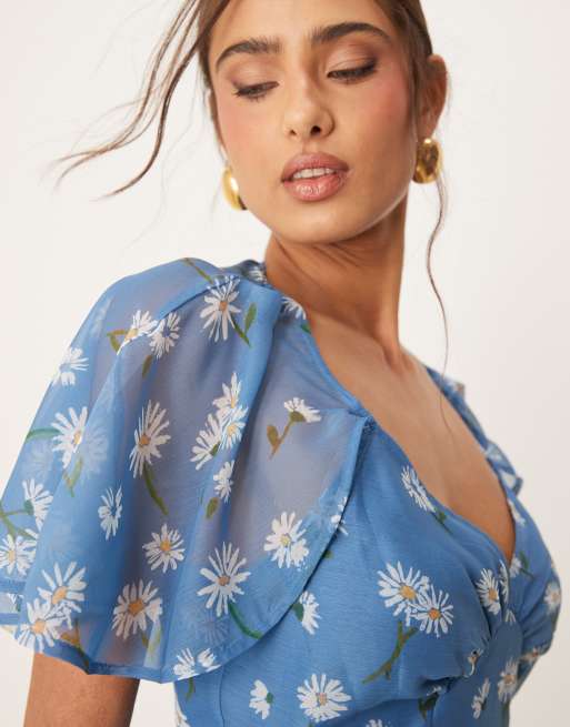 ASOS DESIGN asymmetric mini tea dress with flutter cape sleeve in blue ombre daisy print