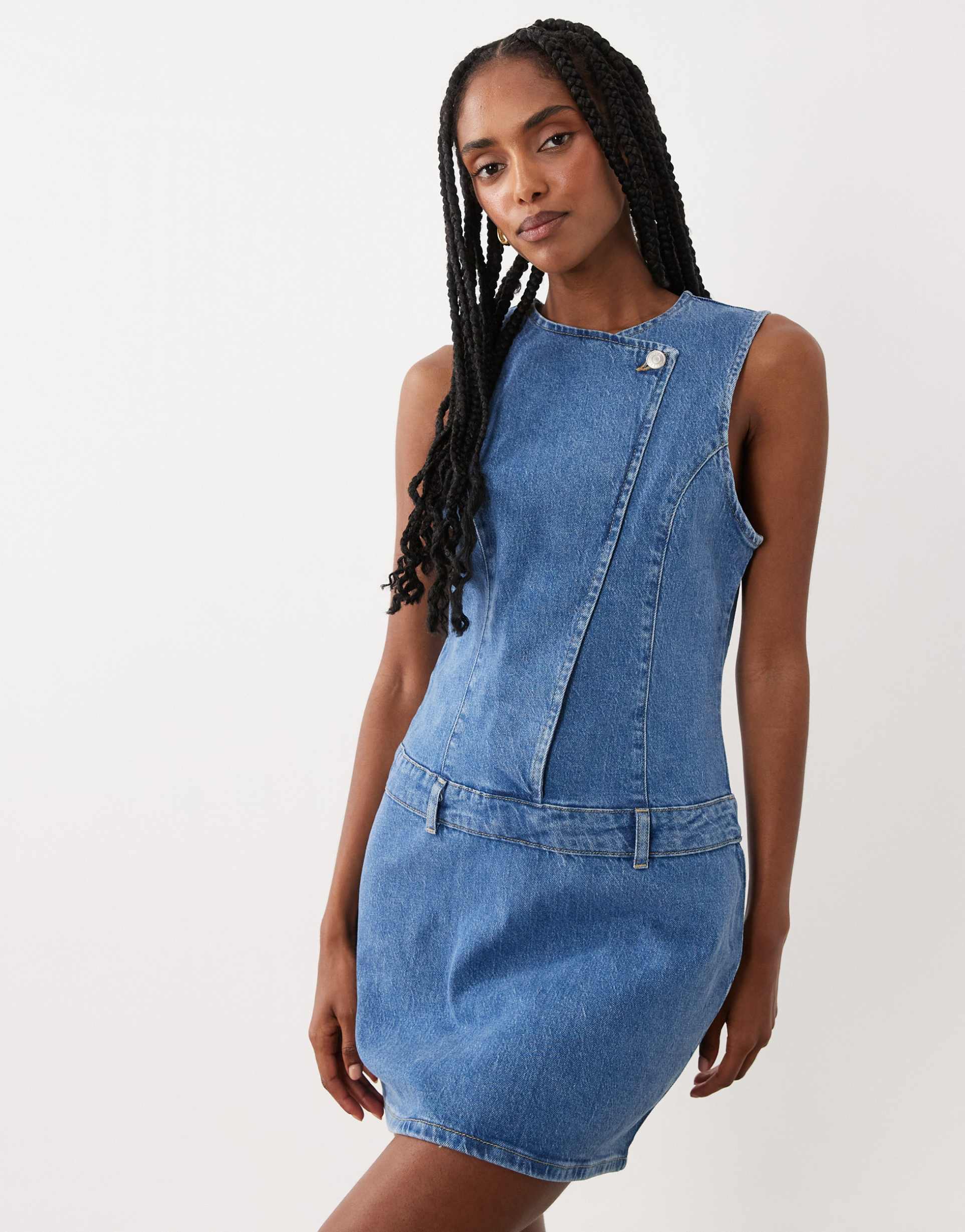 asos design asymmetric mini wrap dress in mid blue