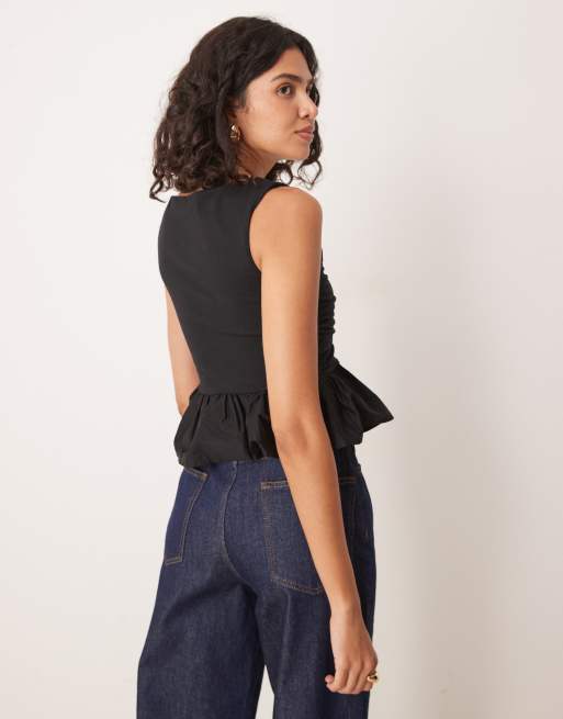 leinwande patchwork ruffled hem top ブラック SAME Ruffle Hem Top | Black/Cream
