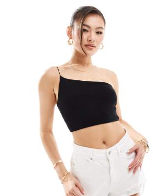 ASOS DESIGN asymmetric neck crop top with skinny strap in black