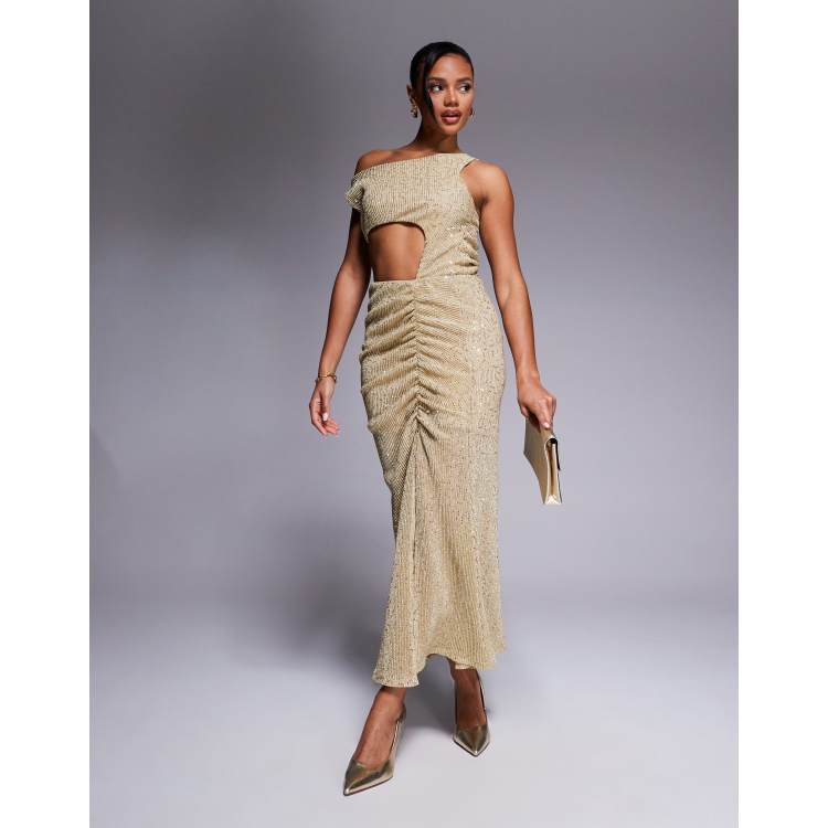 navy blue dress for baby girl Bardot Asymmetric Ruched Cut Out Maxi Dress In White | EGO US main image 1