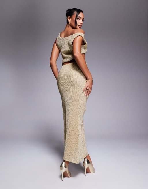 ASOS DESIGN asymmetric neck cut out ruching detail and split maxi dress in gold, 2 of 4