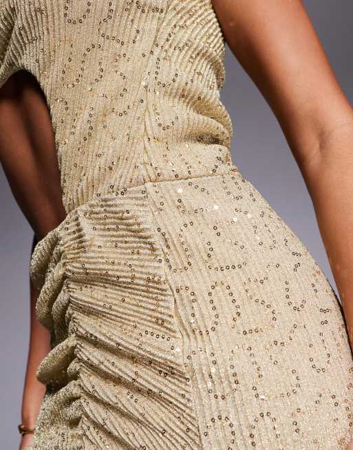 ASOS DESIGN asymmetric neck cut out ruching detail and split maxi dress in gold, 3 of 4