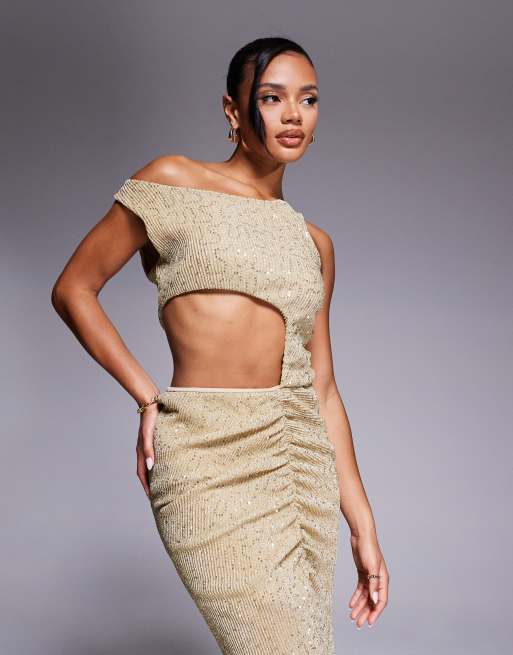 ASOS DESIGN asymmetric neck cut out ruching detail and split maxi dress in gold, 4 of 4
