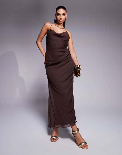 ASOS DESIGN asymmetric neck maxi dress with draped skirt and cutaway slit in chocolate - view 1