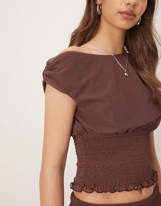 ASOS DESIGN asymmetric neck shirred waist top in chocolate - part of a set, 3 of 4