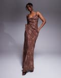 [ASOS DESIGN] ASOS DESIGN asymmetric neckline devore maxi dress with exposed seaming details in choc-Brown 14 Chocolate