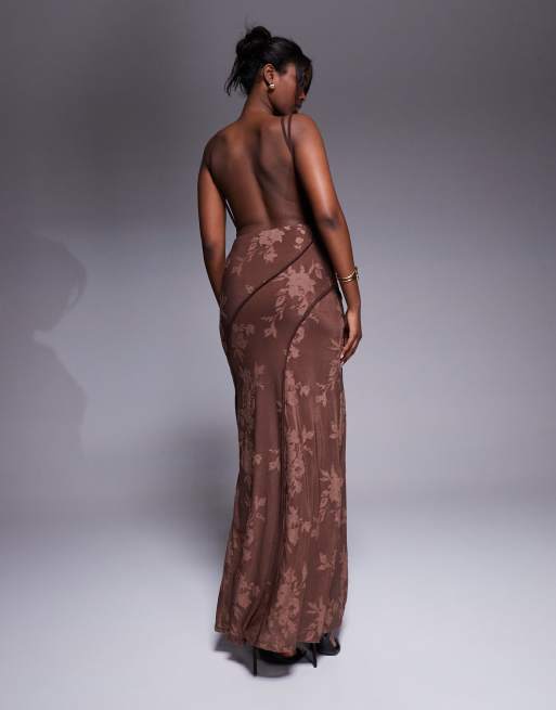 ASOS DESIGN asymmetric neckline devore maxi dress with exposed seaming details in choc