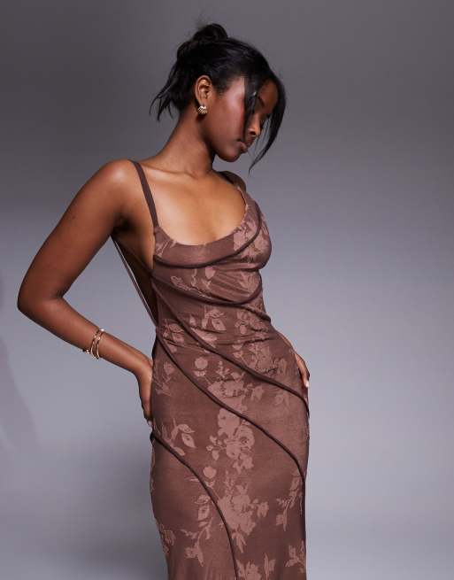 ASOS DESIGN asymmetric neckline devore maxi dress with exposed seaming details in choc