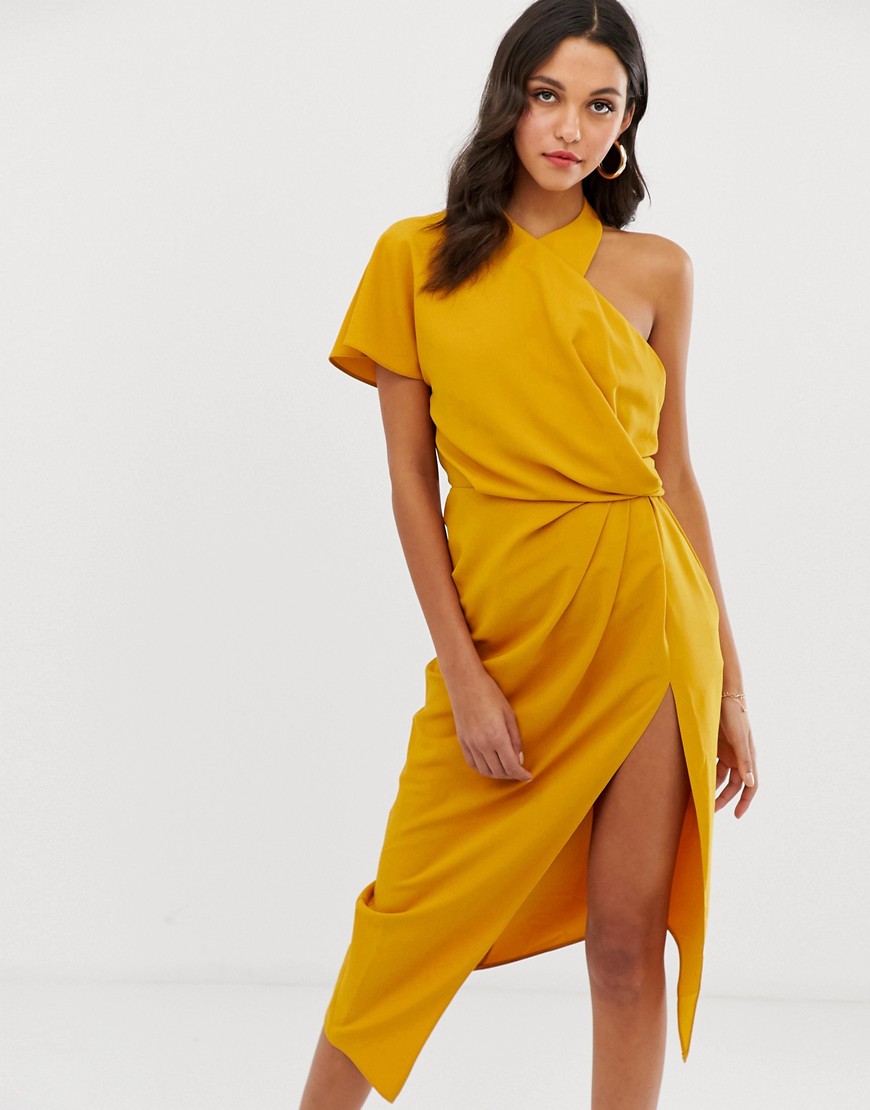 ASOS DESIGN asymmetric neckline drape detail midi dress-Yellow