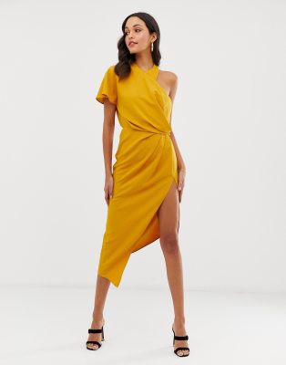 asymmetric neckline midi dress