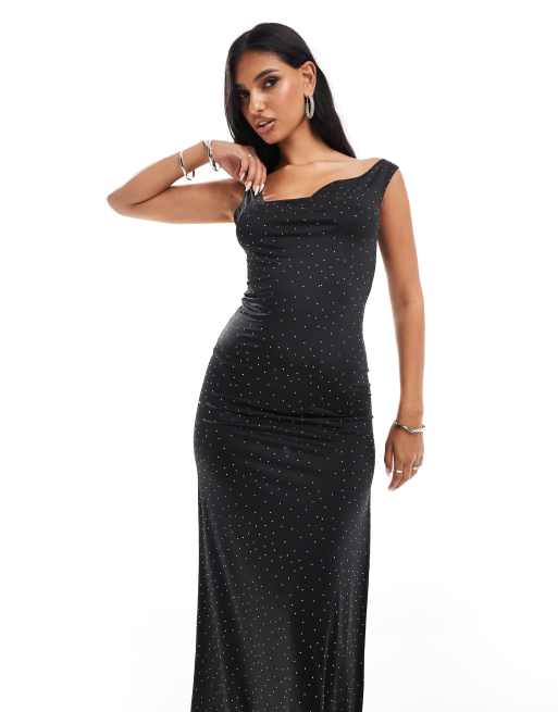 ASOS DESIGN asymmetric neckline hotfix sparkle maxi dress in black