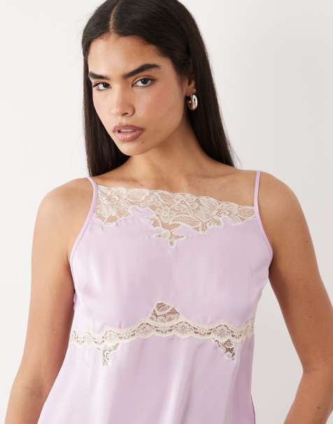 ASOS DESIGN asymmetric neckline lace trim cami in lilac - view 1