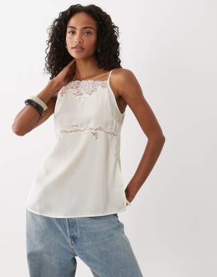 Asos Design Asymmetric Neckline Lace Trim Cami Top In White