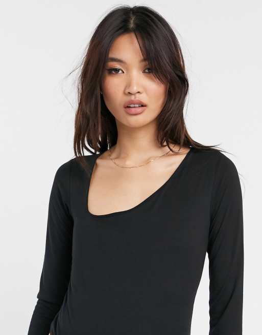 ASOS DESIGN bodysuit with long sleeves and asymmetric neckline in black