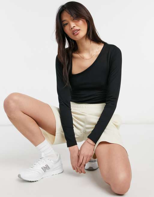 ASOS DESIGN bodysuit with long sleeves and asymmetric neckline in black