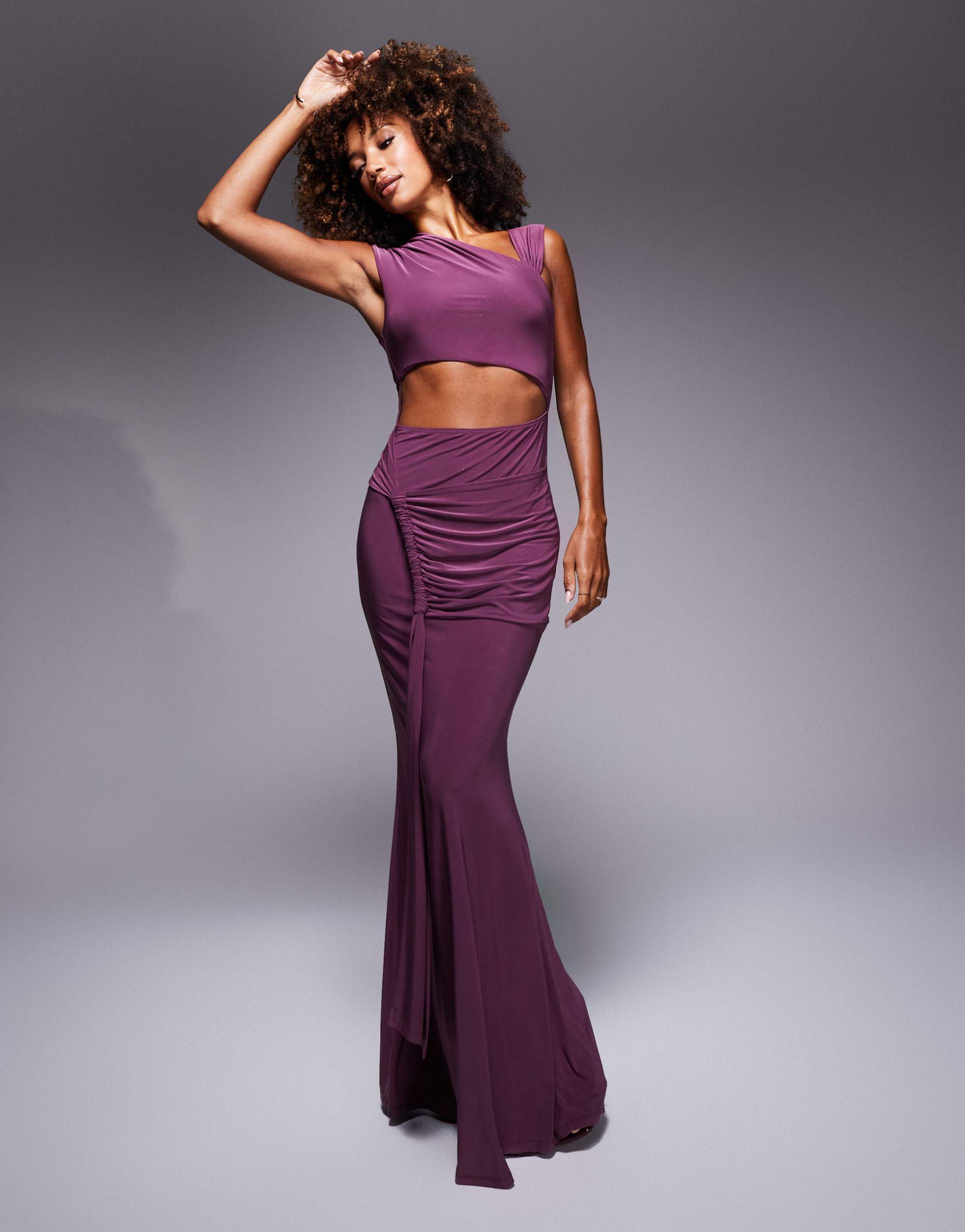 asos design asymmetric neckline maxi dress with cut out and twisted draping detail in mulberry