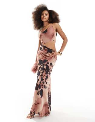 Asos Design Asymmetric Neckline Maxi Dress With Cut Out Detail In Abstract Print-multi
