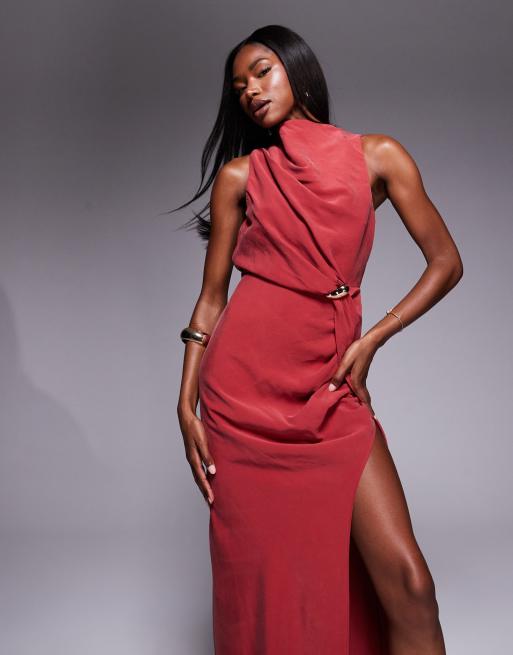 ASOS DESIGN asymmetric neckline maxi dress with hardware trim in dark red