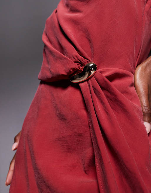 ASOS DESIGN asymmetric neckline maxi dress with hardware trim in dark red