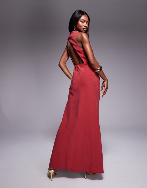 ASOS DESIGN asymmetric neckline maxi dress with hardware trim in dark red