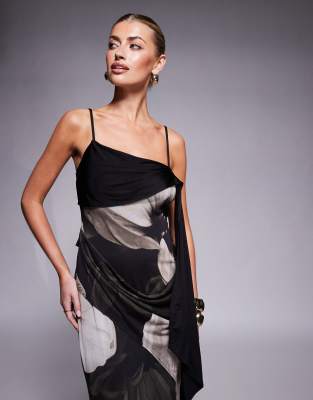 Asos Design Asymmetric Neckline Maxi Dress With Spliced Drape Detailing In Multi