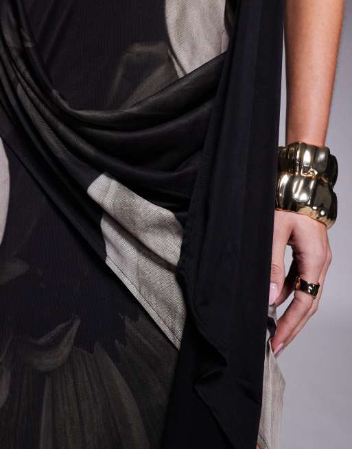 ASOS DESIGN asymmetric neckline maxi dress with spliced drape detailing in oversized floral print