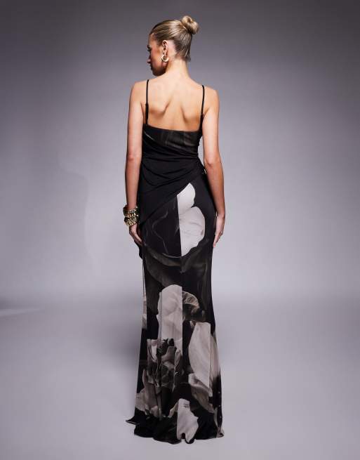 ASOS DESIGN asymmetric neckline maxi dress with spliced drape detailing in oversized floral print