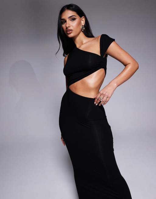 ASOS DESIGN asymmetric neckline midi dress with channelled strap detailing in black, 2 of 4