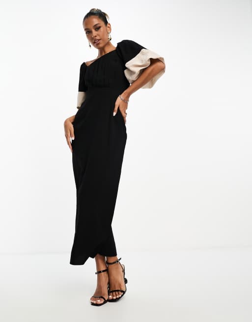 ASOS DESIGN asymmetric neckline midi dress with contrast sleeve in black ASOS