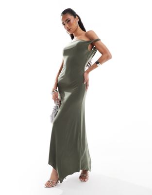 Asos Design Asymmetric Neckline Midi Dress With Hanky Hem In Khaki-green