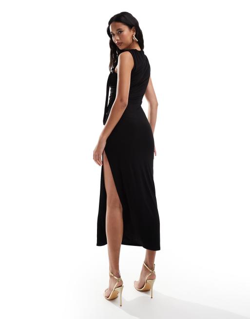 ASOS DESIGN asymmetric neckline midi dress with oversized ring trim in black ASOS