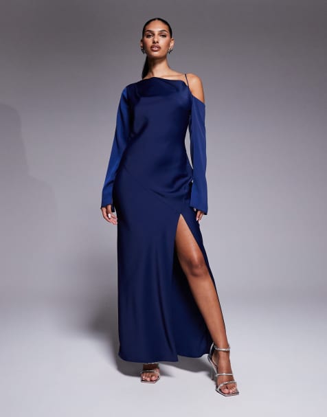 ASOS DESIGN asymmetric neckline tie back midi dress in blue - view 1