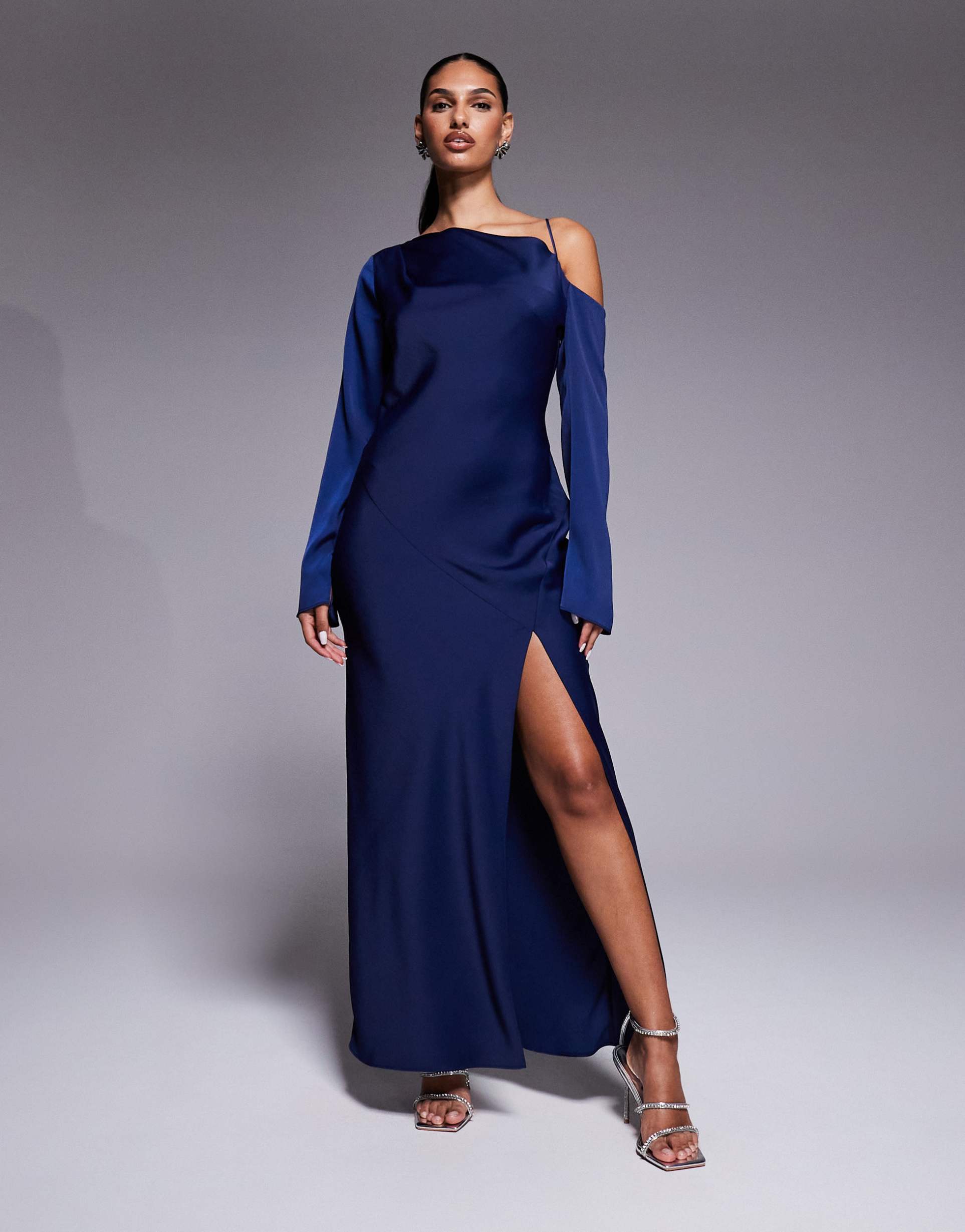 asos design asymmetric neckline tie back midi dress in blue