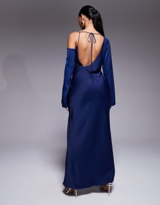Asos Design Asymmetric Neckline Tie Back Midi Dress In Blue