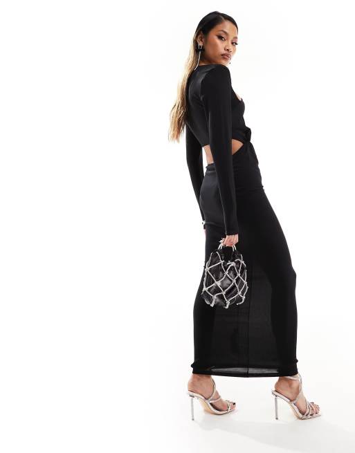 asos design asymmetric neck contoured mesh midi dress in black Indigo Linen Dress