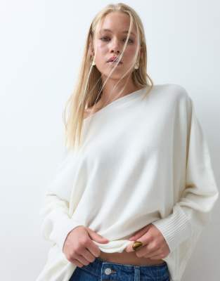 Asos Design Asymmetric Off-shoulder Batwing Sleeve Sweater In White