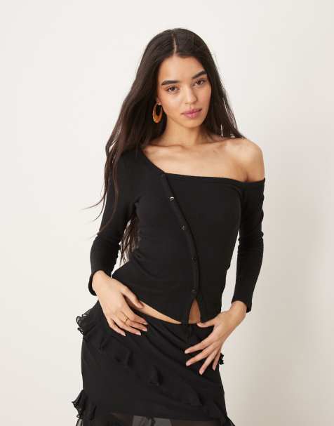 ASOS DESIGN asymmetric off shoulder button through in black - view 1