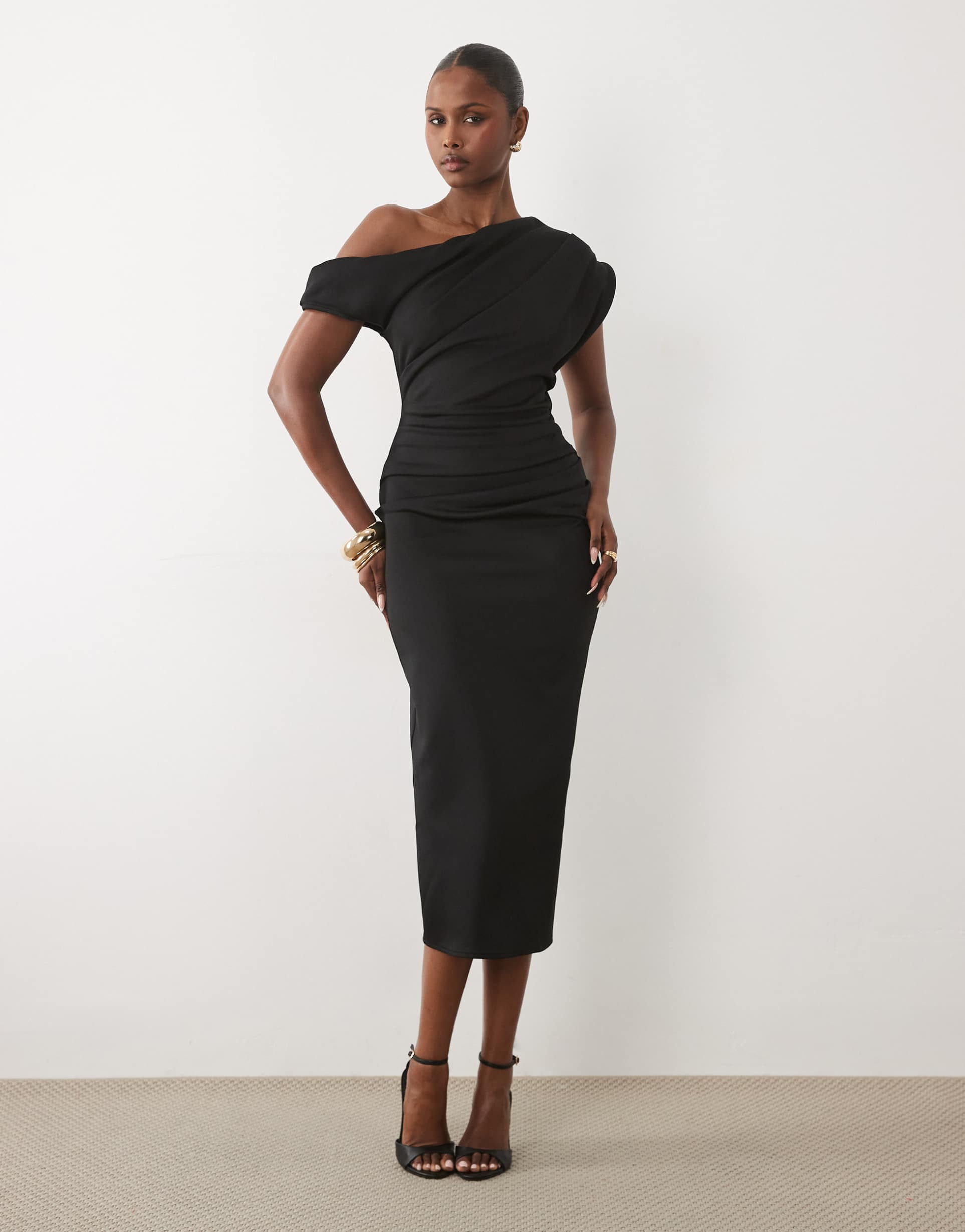 asos design asymmetric off shoulder midi dress in black scuba-style fabric