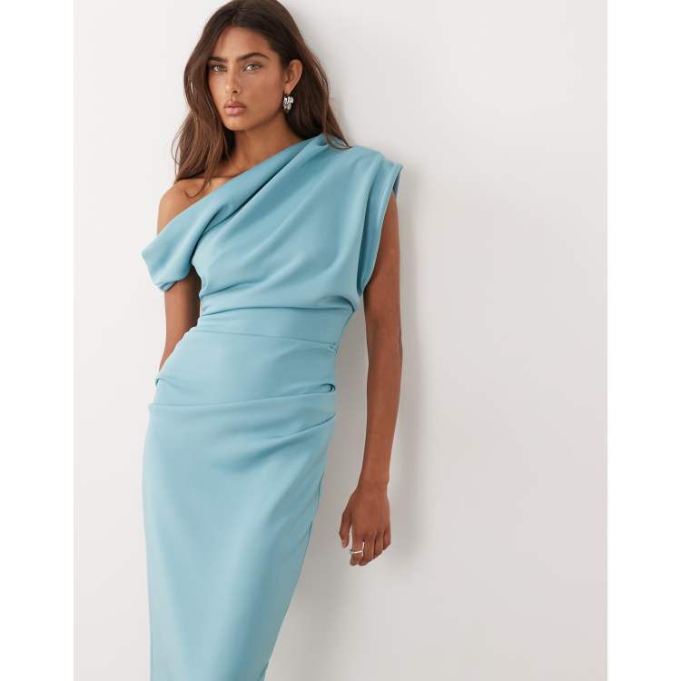 knee length dresses for ladies ASOS DESIGN Twist Front Off The Shoulder Midi Dress In Aubergine