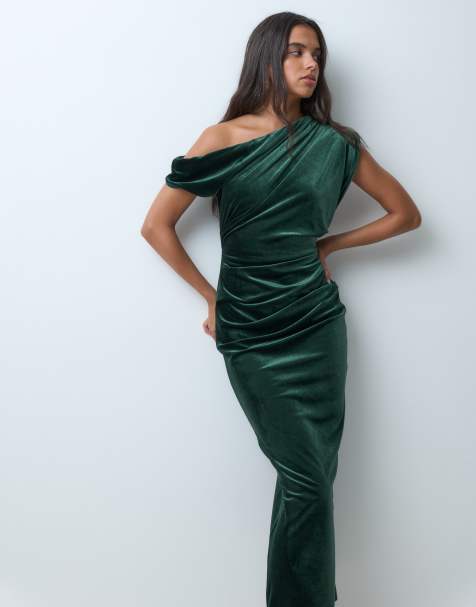 ASOS DESIGN asymmetric off shoulder midi dress in emerald velvet - view 1