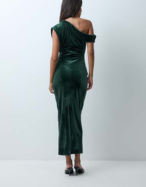 ASOS DESIGN asymmetric off shoulder midi dress in khaki velvet, 3 of 5
