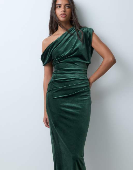 ASOS DESIGN asymmetric off shoulder midi dress in khaki velvet, 4 of 5