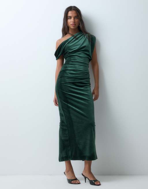 ASOS DESIGN asymmetric off shoulder midi dress in khaki velvet, 5 of 5