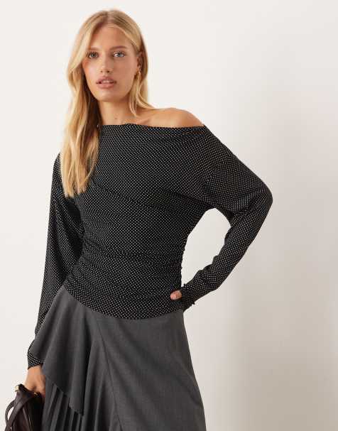 ASOS DESIGN asymmetric off shoulder polka dot top in black - view 1